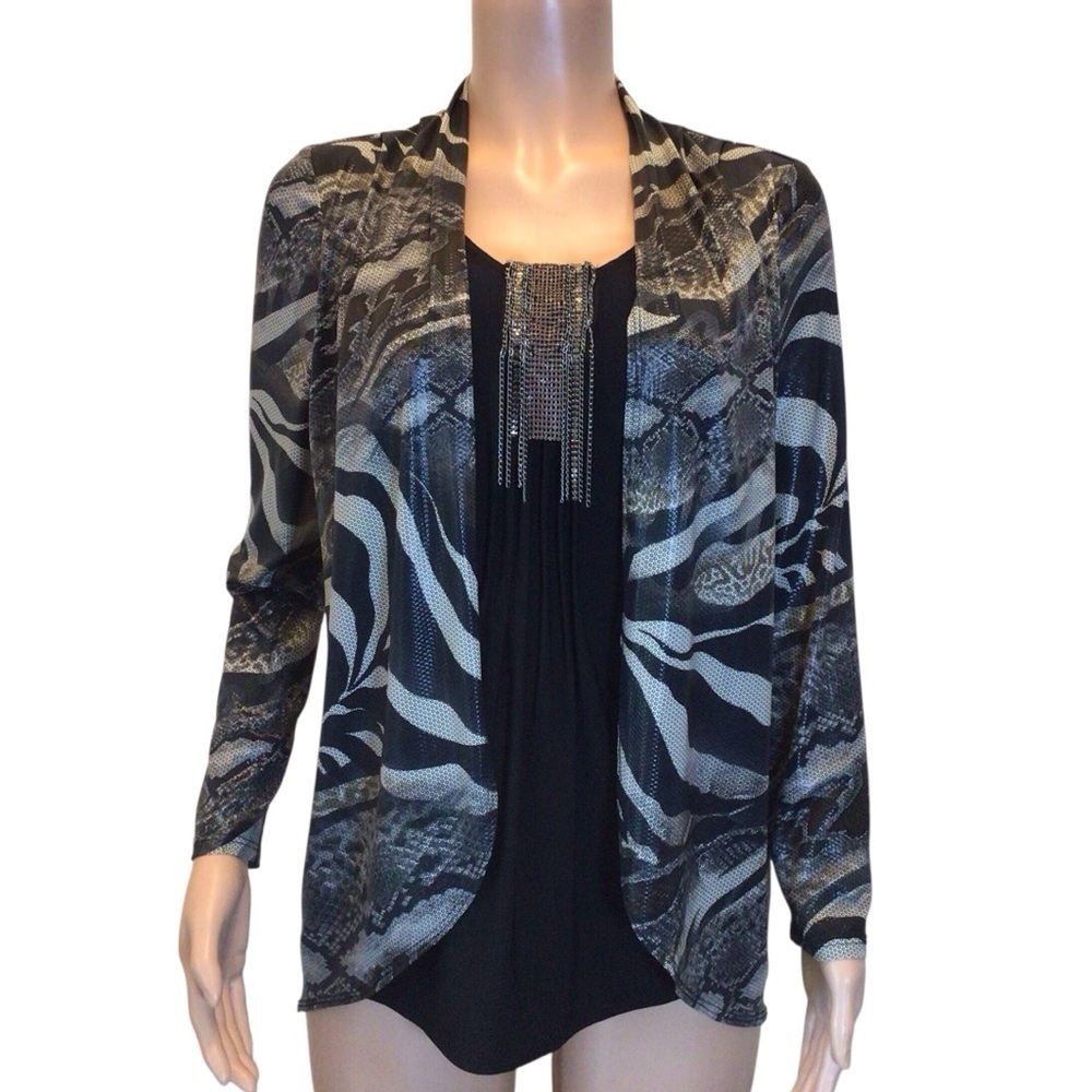 Frank Lyman Design Women’s Top Size 6 Black Gray Animal Print 2-in-1 Blouse